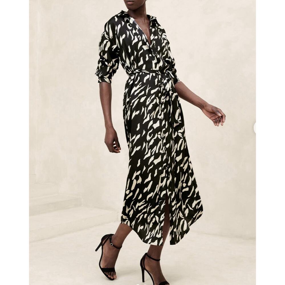 Banana Republic zebra print maxi shirt dress Sz. S belt black white